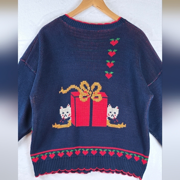 Vintage 90s Ugly Christmas Instarsia Knit Cat Cardigan Sweater Granny Festive L - Picture 5 of 16